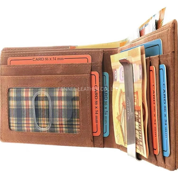 Manufacture Factory Cow Leather Wallet Retro Style RFID Protection Anti-Theft Smart Wallet with Cheque Metal Clip Multi-Card Holder Coin Pocket Purse (FE3568)