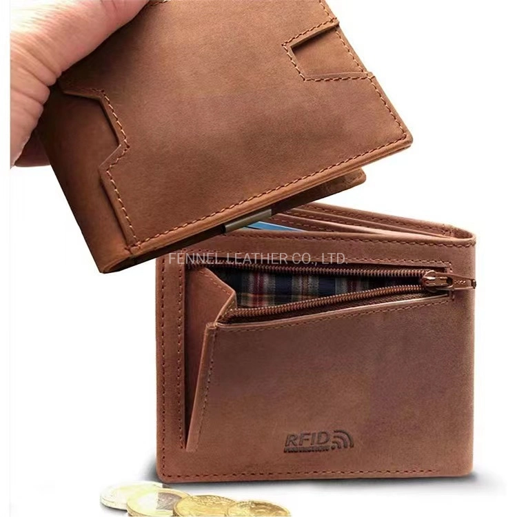 Manufacture Factory Cow Leather Wallet Retro Style RFID Protection Anti-Theft Smart Wallet with Cheque Metal Clip Multi-Card Holder Coin Pocket Purse (FE3568)